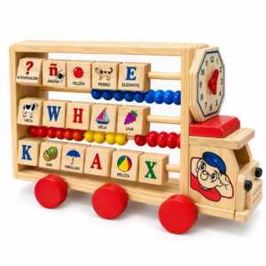 Tren con cuentas alfabéticas y reloj